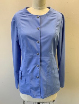 DICKIES, Periwinkle Blue, Polyester, Rayon, Solid, Long Sleeves, Snap Front, Round Neck, 3 Pockets/Compartments at Hips, Princess Seams
