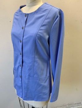 DICKIES, Periwinkle Blue, Polyester, Rayon, Solid, Long Sleeves, Snap Front, Round Neck, 3 Pockets/Compartments at Hips, Princess Seams