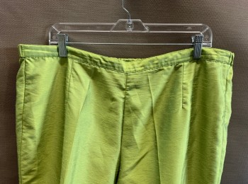 VEUEZIA, Chartreuse Green, Nylon, Polyester, Solid, Elastic Back Waist Band, Shantung Texture, Pegged And Cropped