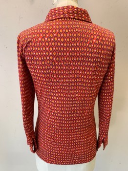 N/L, Red-Orange, Blue, Sunflower Yellow, White, Polyester, Geometric, L/S, C.A., 3 Buttons, 1 Pocket,
