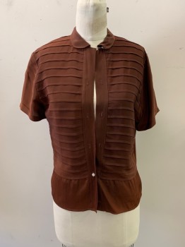 BONNIK, Brown, Nylon, Solid, Peter Pan Collar, S/S, Pleated, No Buttons Down Front,