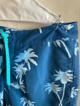 TOMMY BAHAMA, Blue, Sky Blue, Lt Blue, Polyester, Hawaiian Print, Lace Up Waistband, 2 Pockets