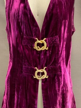 NO LABEL, Magenta Purple, Polyester, Solid, Sleeveless, V Neck, Velvet Texture, 2 Gold Buckles, Made To Order,