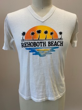 JERZEES, Off White, Orange, Black, Blue, Cotton, Graphic, Jersey Knit, V-N, S/S, Sunset Over Water With "REHOBOTH BEACH" Print