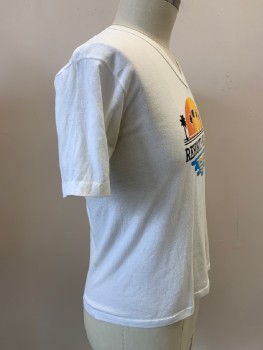 JERZEES, Off White, Orange, Black, Blue, Cotton, Graphic, Jersey Knit, V-N, S/S, Sunset Over Water With "REHOBOTH BEACH" Print