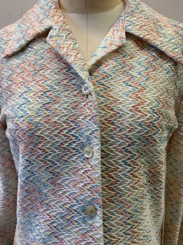 NO LABEL, Off White, Lt Yellow, Red, Blue, Polyester, Zig-Zag , Jacket, L/S, Button Front, C.A., Sheer,