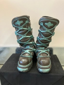 Brown, Iridescent Green, Leather, Geometric, BOOTS: Knee High, Chunky Soles, Painted Raised Details, Velcro Tab Closures On Both Sides. Left Boot Has A Hole Drilled Through The Sole