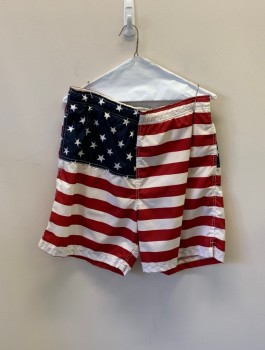 OLD NAVY, Red, Navy Blue, White, Polyester, Americana, Elastic Waist, Drawstring, 2 Side Pockets, Net Pantie Liner, Small Slit On Sides, American Flag Pattern