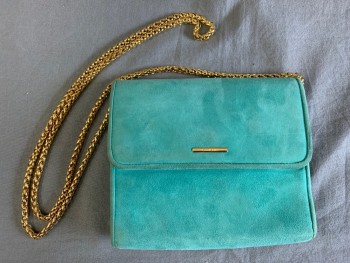 ST. JOHN, Sea Foam Green, Suede, Solid, Heavy Gold Chain Strap, Little Aged, Magnetic Closure,