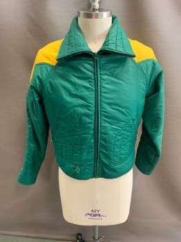 KOBBE, Dk Green, Nylon, Polyester, Yellow Stripes On Shoulder, C.A., Zip Front, 2 Zip Pockets