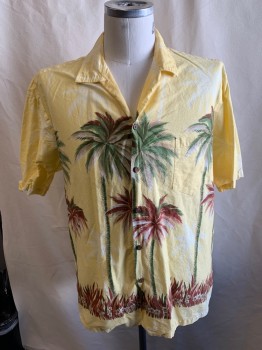 ALOHA REPUBLIC, Butter Yellow, Olive Green, Rust Orange, Multi-color, Cotton, Hawaiian Print, S/S, Button Front, Chest Pocket