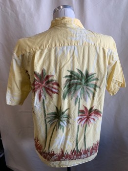 ALOHA REPUBLIC, Butter Yellow, Olive Green, Rust Orange, Multi-color, Cotton, Hawaiian Print, S/S, Button Front, Chest Pocket