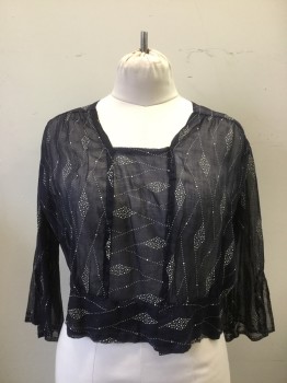 N/L, Navy Blue, White, Wool, Diamonds, Sheer Batiste with White Diamond Dotted Print.. 3/4 Wide Sleeves with Slit at Cuffs. Square Neckline. Wide Waistband. Repair at Back Neck,
