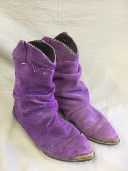 N/L, Purple, Suede, Solid, Cowgirl Fashion Boots, Ankle High, Slouchy Fit at Ankles, Pointed Toe with Gold Metal Detail, Flat/No Heel,
