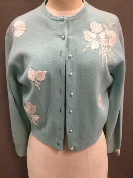 LONG KEE, Lt Blue, White, Wool, Floral, Light Blue Knit W/White Embroidered Flowers, Long Sleeves, Pearl Buttons, Light Blue Silk Lining, Cardigan