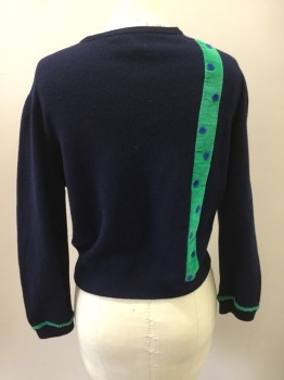 PAT BALDWIN , Navy Blue, Green, Blue, Cashmere, Solid, Cardigan, Green Velvet Present With Bow, with Blue Polka Dots, Blue B.F., Ribbed Knit Neck/Cuff/Waistband, Green Velvet Trim Above Cuff