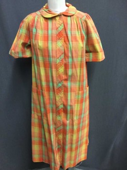 SINCERLY, NATALIE, Orange, Green, Mustard Yellow, Magenta Purple, Cotton, Plaid, Short Sleeve,  Snap Front, Peter Pan Collar, Gathered At Shoulder Yoke and Shoulders, Puffy Sleeves with Cuffed Ends, 2 Patch Pockets At Hips, Hem Below Knee, Early 1970's