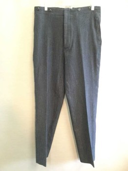 MTO, Black, Blue, Wool, Stripes, F.F, Bttn Fly, Tab Buckle Back, Exterior Suspender Buttons, Moth Hole Inner Right Thigh,
