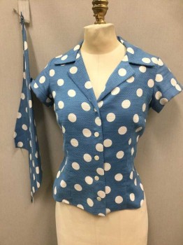 N/L, Cornflower Blue, White, Polyester, Polka Dots, Short Sleeve,  Button Front, Notched Collar, Cuffed Sleeves, Fitted, **Comes with Matching Handkerchief/Scarf, Made To Order Reproduction