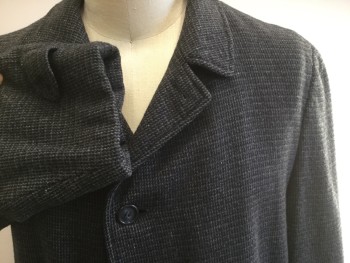 RICHMAN BROTHERS, Black, Gray, Lt Gray, Steel Blue, Wool, Tweed, Single Breasted, 3 Button - Missing 2 Buttons, 2 Pockets, Sleeve Front is Regular Set-in Sleeve, Sleeve Back Cut As Raglan Sleeve,