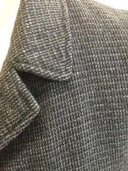 RICHMAN BROTHERS, Black, Gray, Lt Gray, Steel Blue, Wool, Tweed, Single Breasted, 3 Button - Missing 2 Buttons, 2 Pockets, Sleeve Front is Regular Set-in Sleeve, Sleeve Back Cut As Raglan Sleeve,