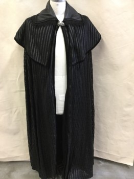 MTO, Black, Poly/Cotton, Faux Leather, Stripes - Vertical , Black Lace with Solid Black Vertical Pleather Stripes with Black Velvet Trim, Solid Black Lining, Caplet, Black Collar Attached, with Black Ribbon Rim, Intricate Silver Closure at Neck