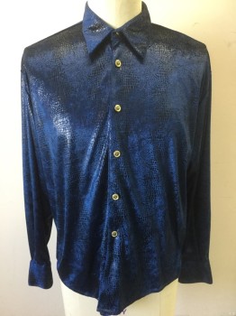 GIGOLO, Royal Blue, Metallic, Polyester, Reptile/Snakeskin, Plush Velvet with Darker Blue Metallic Snakeskin Pattern, Long Sleeve Button Front, Collar Attached, Gold and Black Buttons