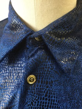 GIGOLO, Royal Blue, Metallic, Polyester, Reptile/Snakeskin, Plush Velvet with Darker Blue Metallic Snakeskin Pattern, Long Sleeve Button Front, Collar Attached, Gold and Black Buttons
