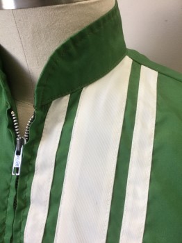 CAP'N JACK, Green, White, Nylon, Solid, Stripes - Vertical , Solid Green with White Vertical Stripes/Columns at Left Side of Zipper, Zip Front, Stand Collar, 2 Welt Pockets, No Lining