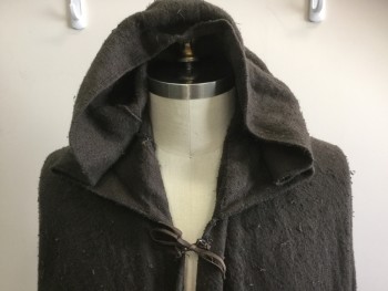 MTO, Dk Umber Brn, Linen, Cotton, Solid, Inner Cape Ties of Leather, Rough Weave, 2 Leather Ties at Neck, Hood, Center Back Seam, Raw Edge Hem, Aged/Distressed,