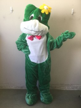 N/L, Green, White, Yellow, Polyester, Solid, Color Blocking, Frog Walkabout HEAD- Green Furry/Plush Material with White Mouth Area, Large White and Black Cartoon Eyes with Mesh Pupils, Yellow and White Flower on Head, Package Includes Body And Spats, 65" From Base Of Neck To Ankle, Should Fit Up To 6'2"