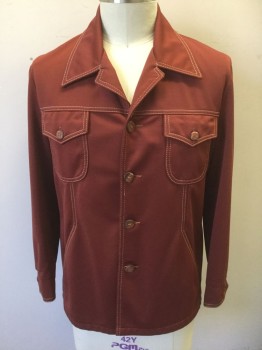 STUDIO ONE, Brick Red, Polyester, Solid, Tan Top Stitching, Leisure Jacket, 4 Buttons, Collar Attached, Horizontal Yoke Across Upper Chest, 4 Pockets, Ecru with Beige and Gray Paisley Lining,