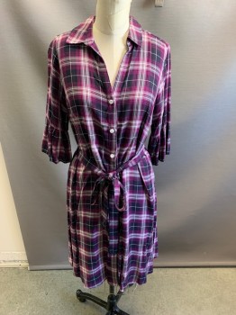 ISABEL MATERNITY, Raspberry Pink, Black, White, Gray, Rayon, Plaid, Button Front, Ruffle at Sleeve Cuff, with Belt a Attached,  Maternity