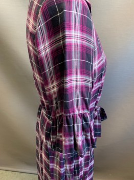ISABEL MATERNITY, Raspberry Pink, Black, White, Gray, Rayon, Plaid, Button Front, Ruffle at Sleeve Cuff, with Belt a Attached,  Maternity