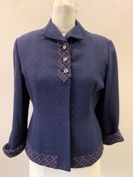 MTO, Navy Blue, Red, White, Blue, Wool, Dots, Plaid-  Windowpane, Made To Order, 3 Silver Buttons, Windowpane Plaid at Hem/Cuffs/Button Placket, Has a Covered Snap at Waist, Missing Belt, Light Shoulder Burn,