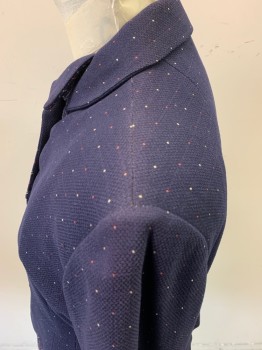 MTO, Navy Blue, Red, White, Blue, Wool, Dots, Plaid-  Windowpane, Made To Order, 3 Silver Buttons, Windowpane Plaid at Hem/Cuffs/Button Placket, Has a Covered Snap at Waist, Missing Belt, Light Shoulder Burn,