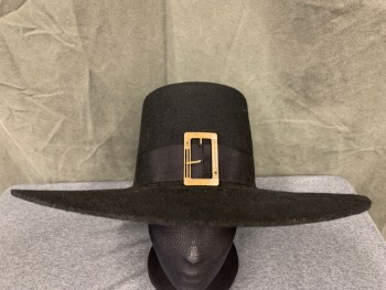 N/L, Black, Wool, Solid, Flat Crown, Flat Brim, Faille Hat Band, Art Deco Style Buckle