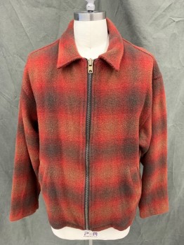 EDDIE BAUER, Red, Dk Gray, Brown, Wool, Plaid, Zip Front, Collar Attached, 2 Pockets, Long Sleeves