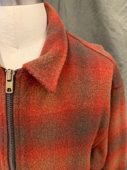 EDDIE BAUER, Red, Dk Gray, Brown, Wool, Plaid, Zip Front, Collar Attached, 2 Pockets, Long Sleeves
