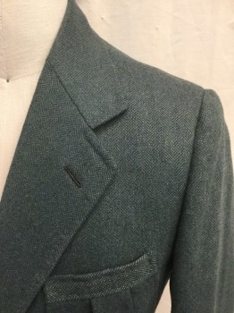 TIMOTHY EVEREST, Teal Green, Tan Brown, Wool, 2 Color Weave, Herringbone, Single Breasted, Collar Attached, Notched Lapel, 3 Pleated Pockets, Back Waist Band, Pleated at Back Waist Band