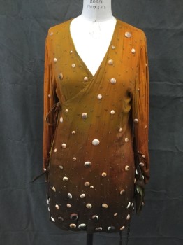 MTO, Turmeric Yellow, Orange, Brown, Cotton, Ombre, Leaves/Vines , Ombre Leaf Pattern, Painted Plastic Shells Glue Attached, Wrap Front with 2 Side Ties, V-neck, Long Sleeves Gathered a Elbows,