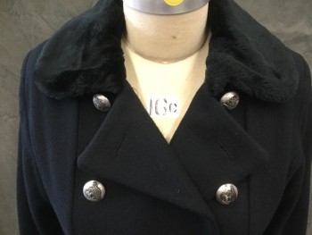 STEPHANIE MATHEWS, Black, Wool, Solid, Double Breasted, Silver Round Buttons with Crests, Faux Fur Rounded Collar, Faux Fur Cuff, Long Sleeves, Ankle Length