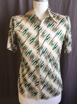 SATURDAYS VINTAGE, Cream, Green, Dk Orange, Black, Polyester, Abstract , Geometric, Backgammon Game Set Up Print, Collar Attached, Beige Button Front, Short Sleeves,