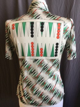 SATURDAYS VINTAGE, Cream, Green, Dk Orange, Black, Polyester, Abstract , Geometric, Backgammon Game Set Up Print, Collar Attached, Beige Button Front, Short Sleeves,