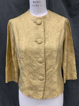 N/L, Goldenrod Yellow, Silk, Floral, Floral Jacquard, Fabric Covered Button Front, 3/4 Sleeve, Cocktail, Evening