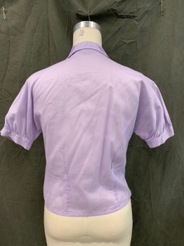 KORET, Lavender Purple, Cotton, Solid, Button Front, Angled Collar Attached, Dolman Short Sleeves with Cuff, Pleated at Princess Seams,