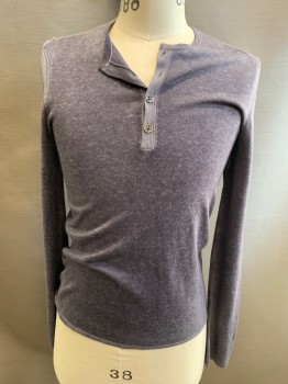JOHN VARVATOS, Slate Gray, Cashmere, Solid, Heathered, Henley, Long Sleeves, Very Fine, Thin, Mottled, Ribbed Detail at Arms-eye