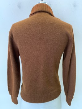 N/L, Brown, Chestnut Brown, Wool, Suede, Color Blocking, Cable Knit, Cardigan, Long Sleeves, Shawl Collar, Suede Panels At Each Side Of Upper Front, & Accents On 2 Hip Pockets