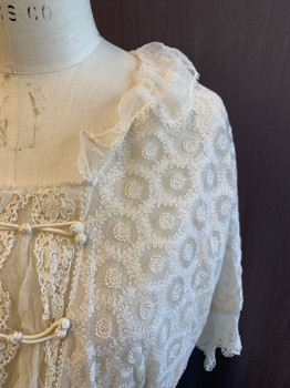 N/L, White, Cotton, Solid, Floral Lace on Mesh, 2 Layers, Boat Neck, Mesh Collar with Embroidery Trim, Gathered Mesh Front Panel with Lace Trim, Snap Center Back, Dolman 3/4 Sleeve with Solid Mesh Cuff and Lace Trim, Crochet Knot and Tie Front Detail, Mesh Peplum