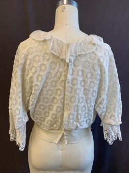 N/L, White, Cotton, Solid, Floral Lace on Mesh, 2 Layers, Boat Neck, Mesh Collar with Embroidery Trim, Gathered Mesh Front Panel with Lace Trim, Snap Center Back, Dolman 3/4 Sleeve with Solid Mesh Cuff and Lace Trim, Crochet Knot and Tie Front Detail, Mesh Peplum